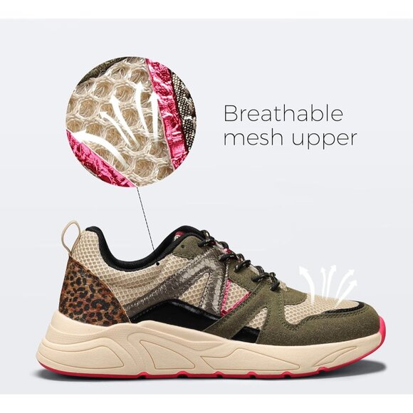 Brand New Women Khaki/Beige Polyurethane LUCKY STEP Leopard Chunky Sneakers - Picture 3 of 9